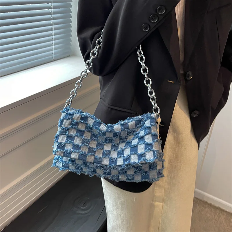 

2022 Luxury Designer Checkered Denim Chain Small Shoulder Crossbody Bags For Women 2022 Fashion Jean Blue Flap Ladies Handbags