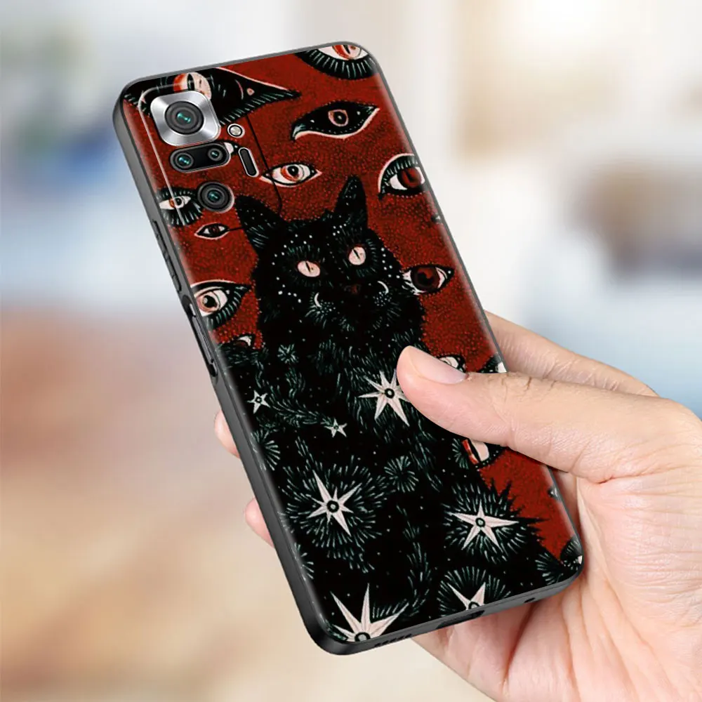 Phone Black Soft Case for Xiaomi Redmi Note 11 10 9 8 Pro 9S K40 9A 9C 10C 8T 10S Back TPU Silicone Funda Cover Death Tarot Cat