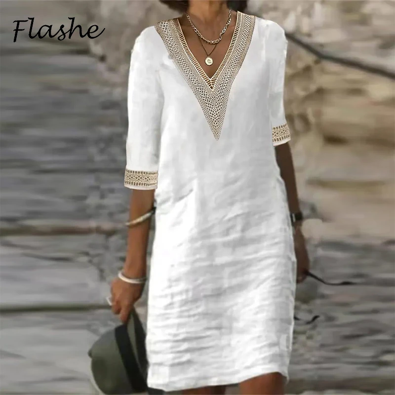 

Платье женское кружевное средней длины с V-образным вырезом и полурукавом