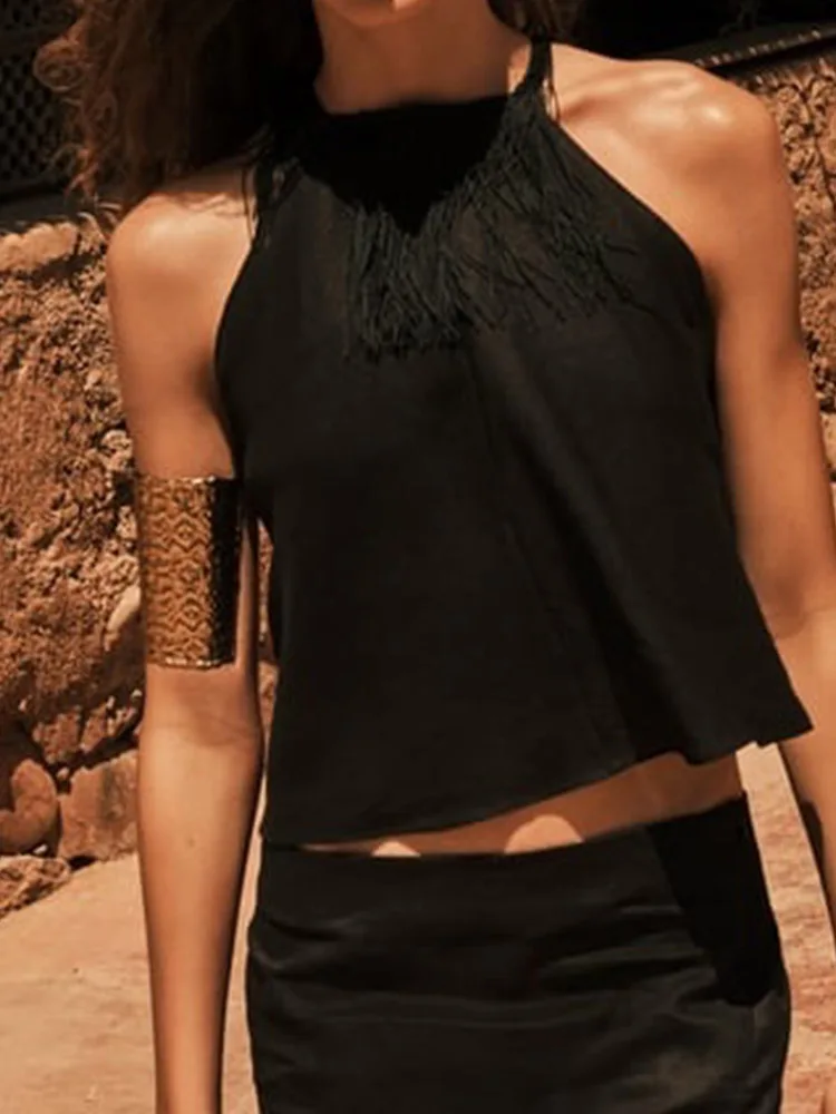 

2023 Women Summer Linen Camis Tank Tops Fashion Solid Tassel Backless Female Elegant Street Halter Top Clothing
