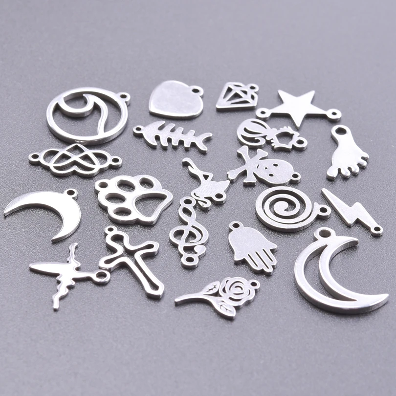 

20Pcs Mix Silver Color Ocean Wave Love Fishbone Cat's Claw Moon Lightning Music Symbol Stainless Steel Charm For Earrings Making