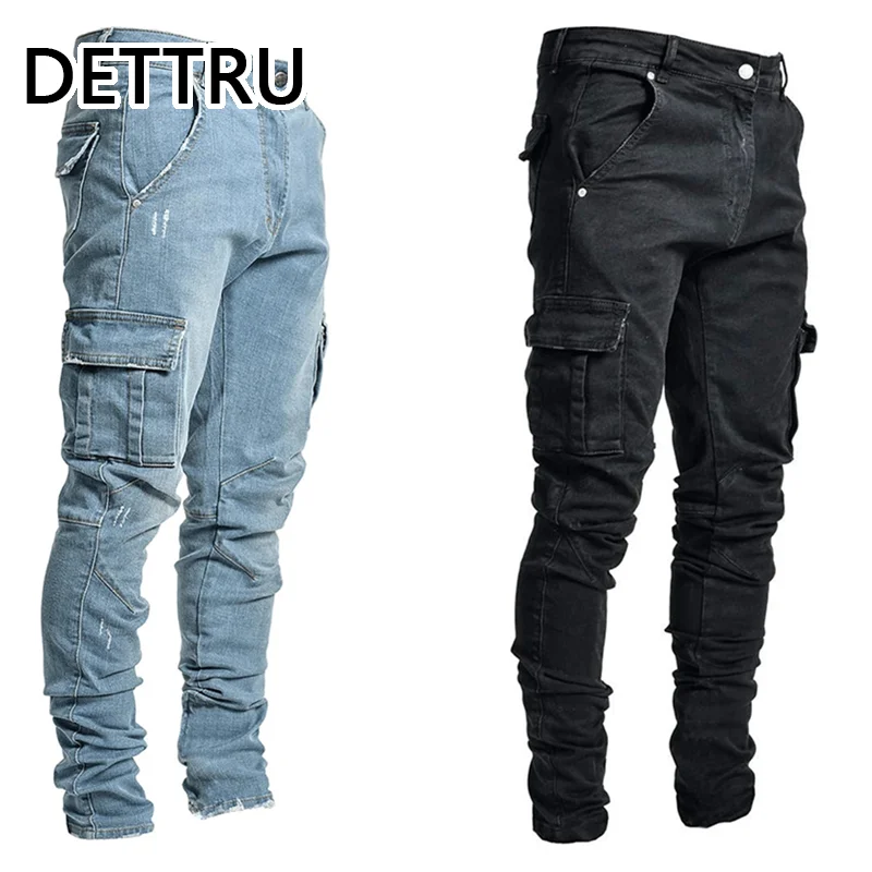 

Men Jeans Pants Casual Cotton Denim Trousers Multi Pocket Cargo Jeans Men New Fashion Denim Pencil Pants Side Pockets Cargo