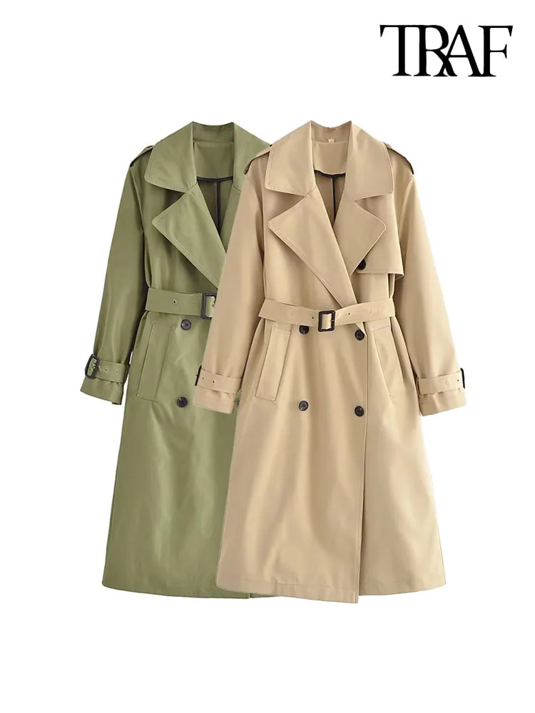 

Тренчкот женский двубортный с поясом, длинным рукавом и карманами