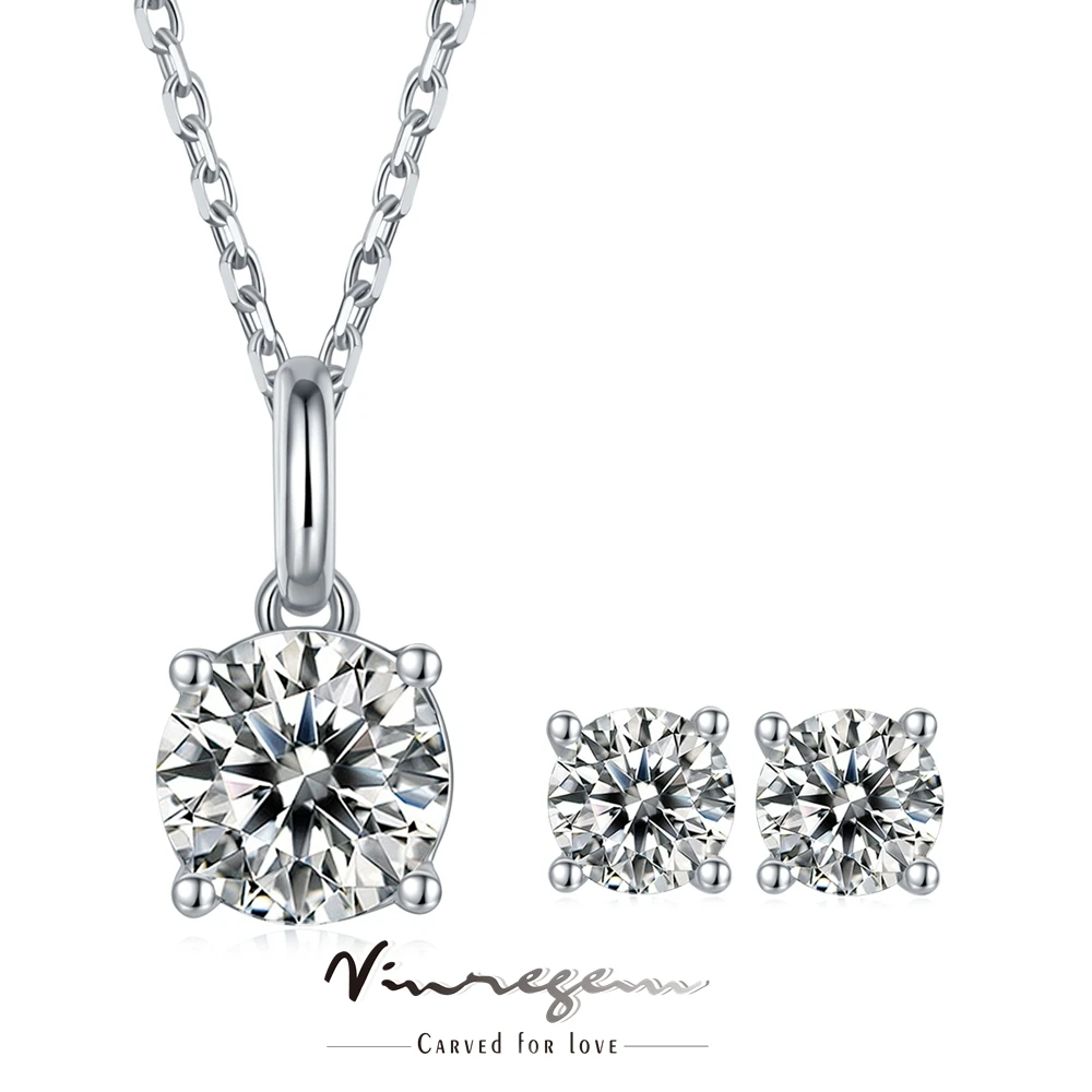 

Vinregem Classic 925 Sterling 18K Gold Plated Round 0.5-1CT Moissanite Pass Test Diamond Necklaces/Earrings Jewelry Sets 2Pcs