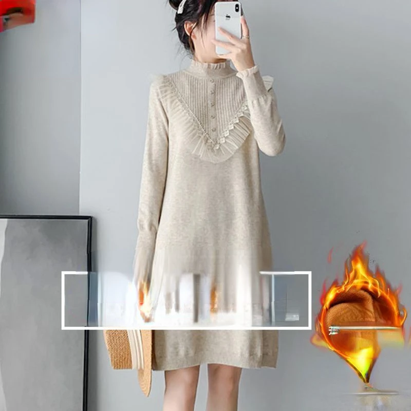 Women Knitting Dresses for Autumn Winter 2023 New Casual Solid Color Half High Collar Pullover Loose Office Ladies Dress R17