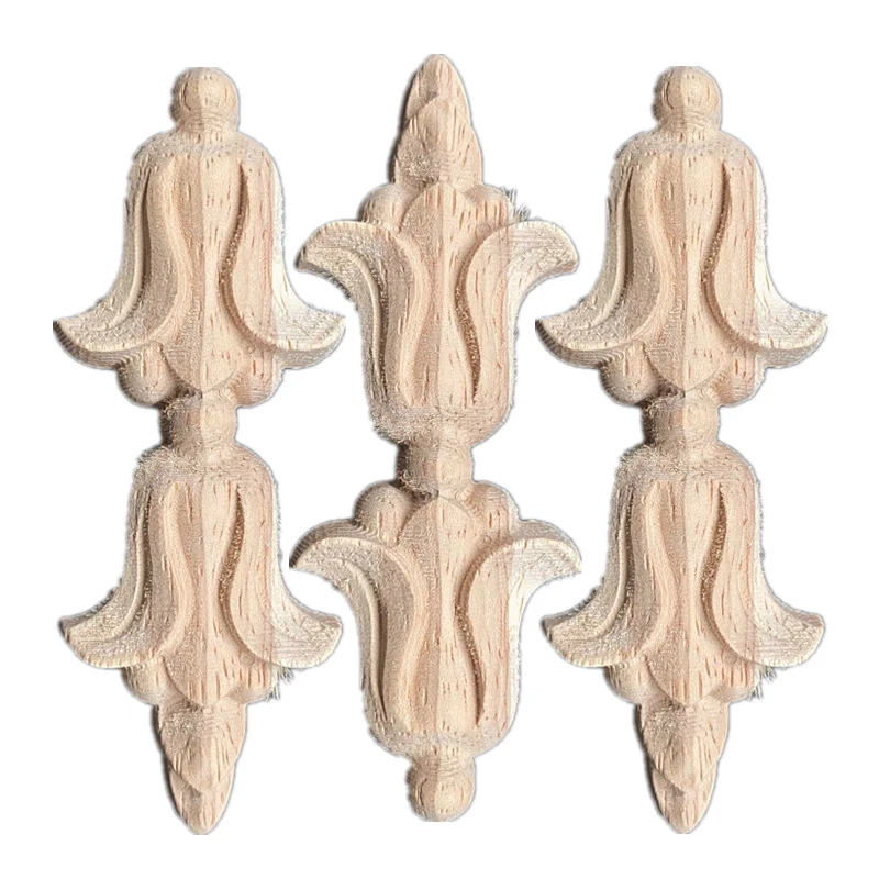 3PCS 8cm Carving Natural Wood Appliques for Furniture Cabinet Unpainted Wooden Mouldings Decal Vintage Home Decor Decorative