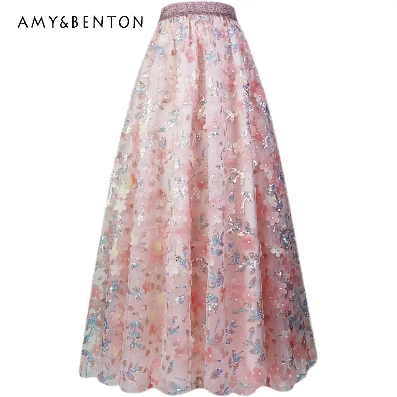 Fashion Gradient Sequin Three-Dimensional Embroidery Tulle Skirt 2023 Spring Summer High Waist Mid-Length Skirt Fairy Long Skirt