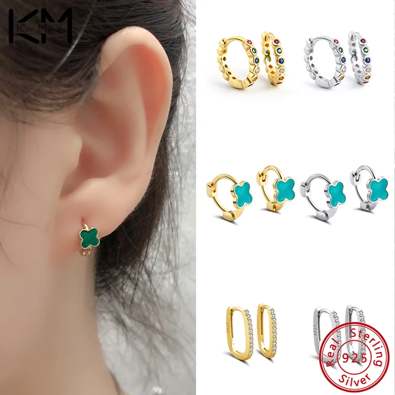 

KISS MANDY 925 Sterling Silver Gold Rainbow CZ Zircon Hoop Earrings for Women Men Trendy Huggies Earring Piercing Jewelry EQE35