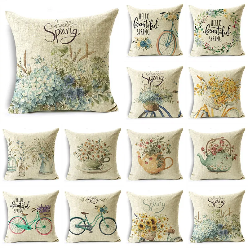 

Blue Flower Daisy Teapot Yellow Bike Beige Linen Throw Pillowcase Home Sofa Office Bedroom 40*40cm/45*45cm/50*50cm