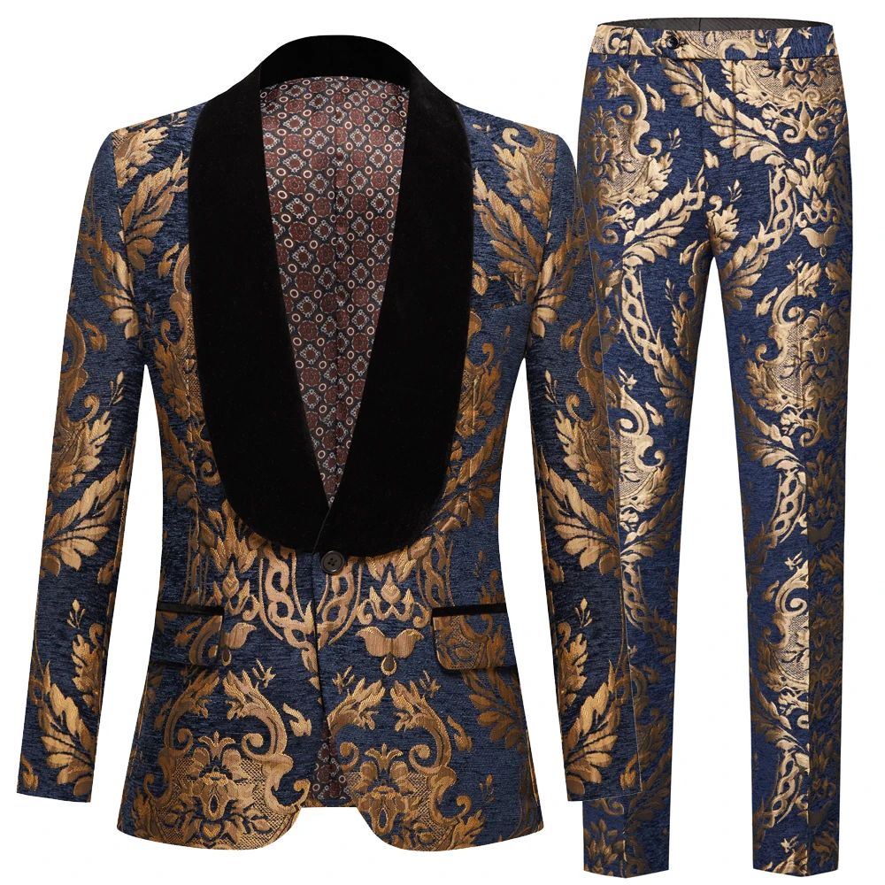 Мужские костюмы с золотым узором и темно-синими смокингами для жениха Шаль