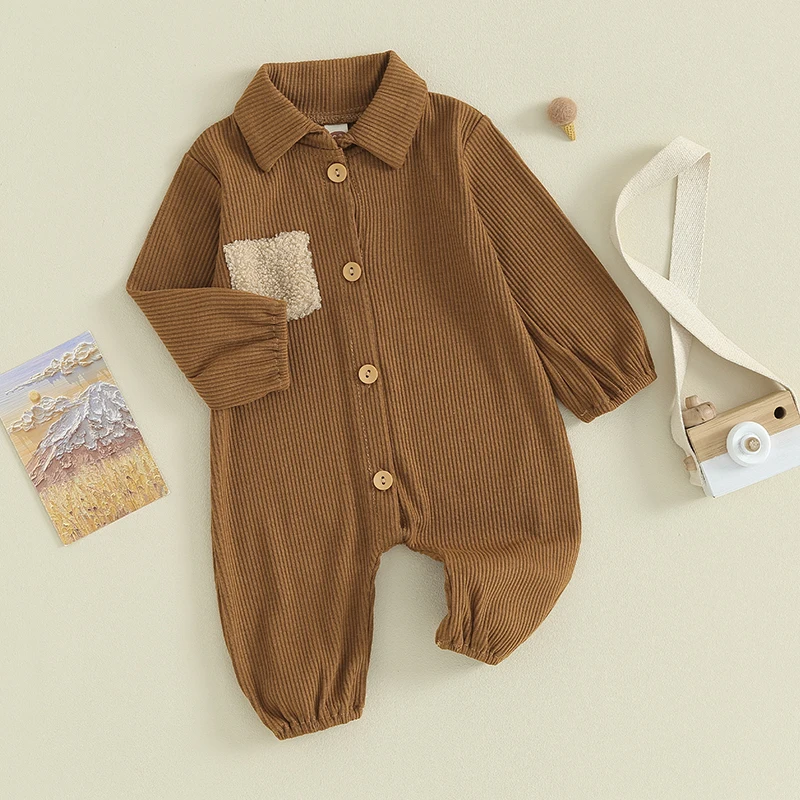 

Infant Baby Boy Autumn Jumpsuit Contrast Color Button Front Lapel Long Sleeve Footless Romper