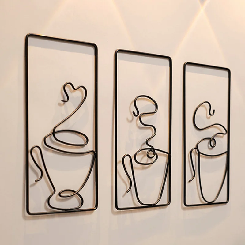 

Black Iron Art Coffee Cup Line Wall Hangings Wall Decoration Metal Abstract Sculptures Wrought Home Coffee Store Decoration