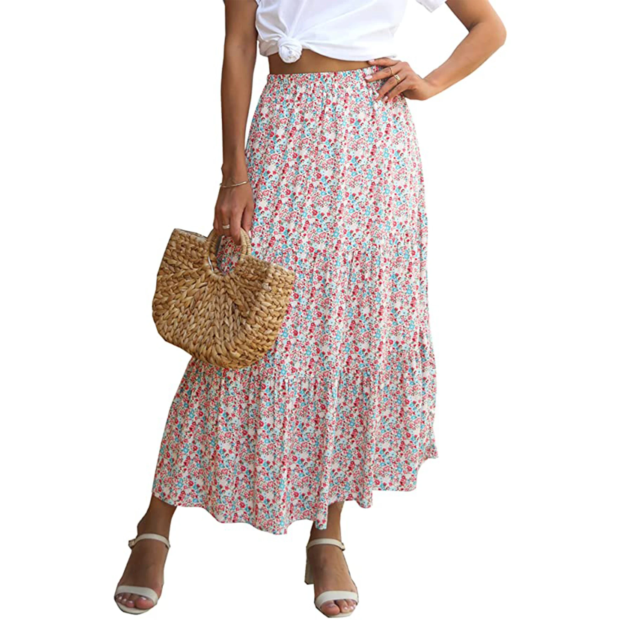 

Chunky Dunky Summer Women's High Waist Boho Floral Print Pleated Maxi Skirt Casual Flowy Swing A Line Chiffon Beach Long Skirts