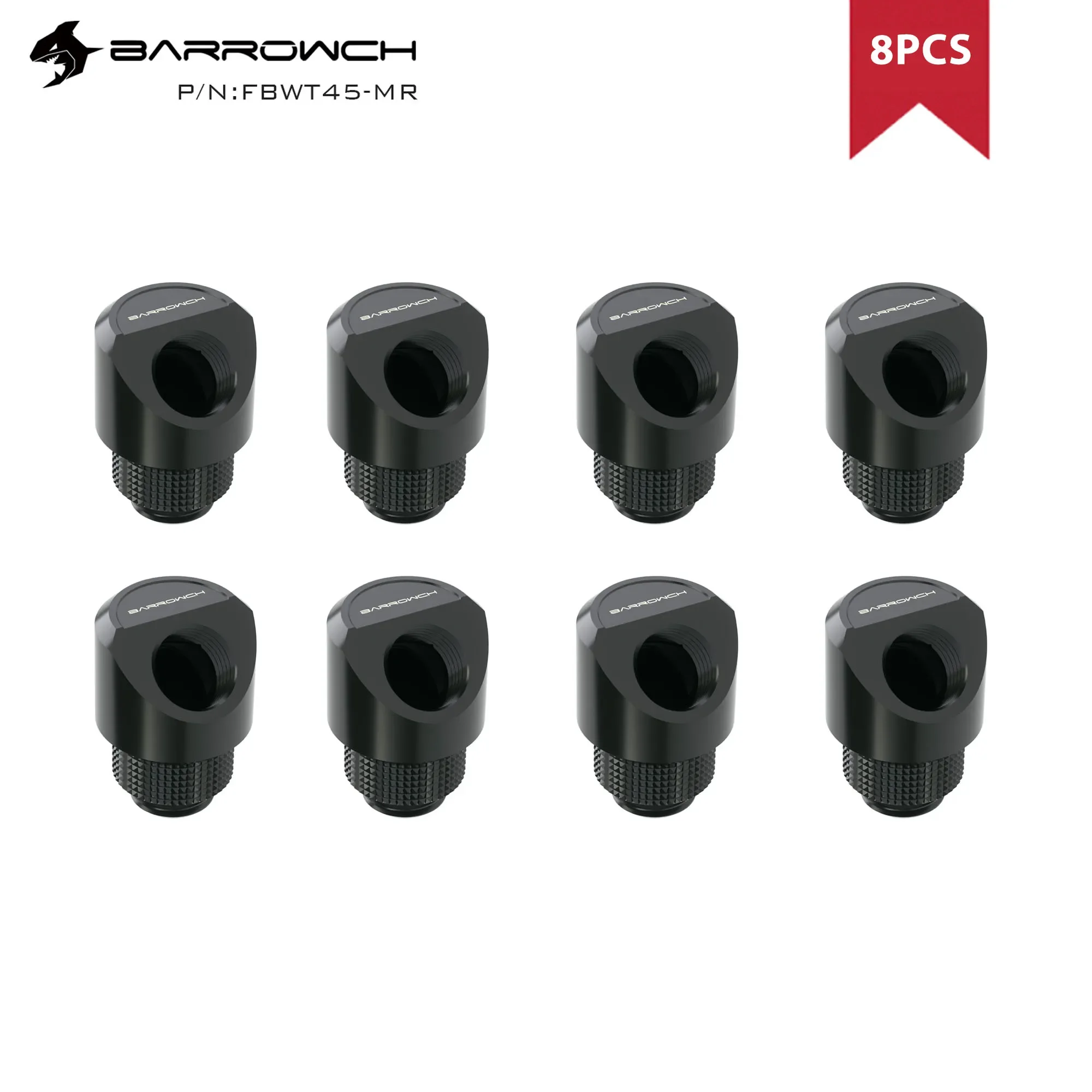 Фото Barrowch 6шт 90 ° Поворотный адаптер 45 ° Поворотный адаптер с резьбой G1/4, с гладкой поверхностью, для водяного охлаждения, металлический, F-образный. №5