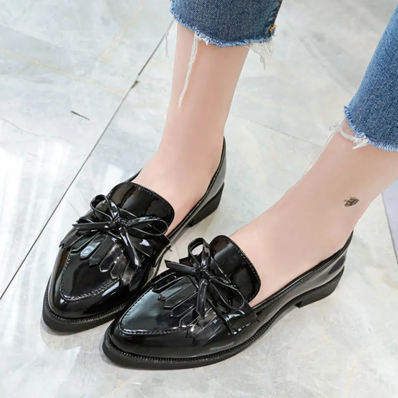 

Tassel Bow Knot Women Oxfords Female Derby Leather Brand Casual Pointed Toe Slip On Flats Ladies Comfort Autumn Brogue Shoes