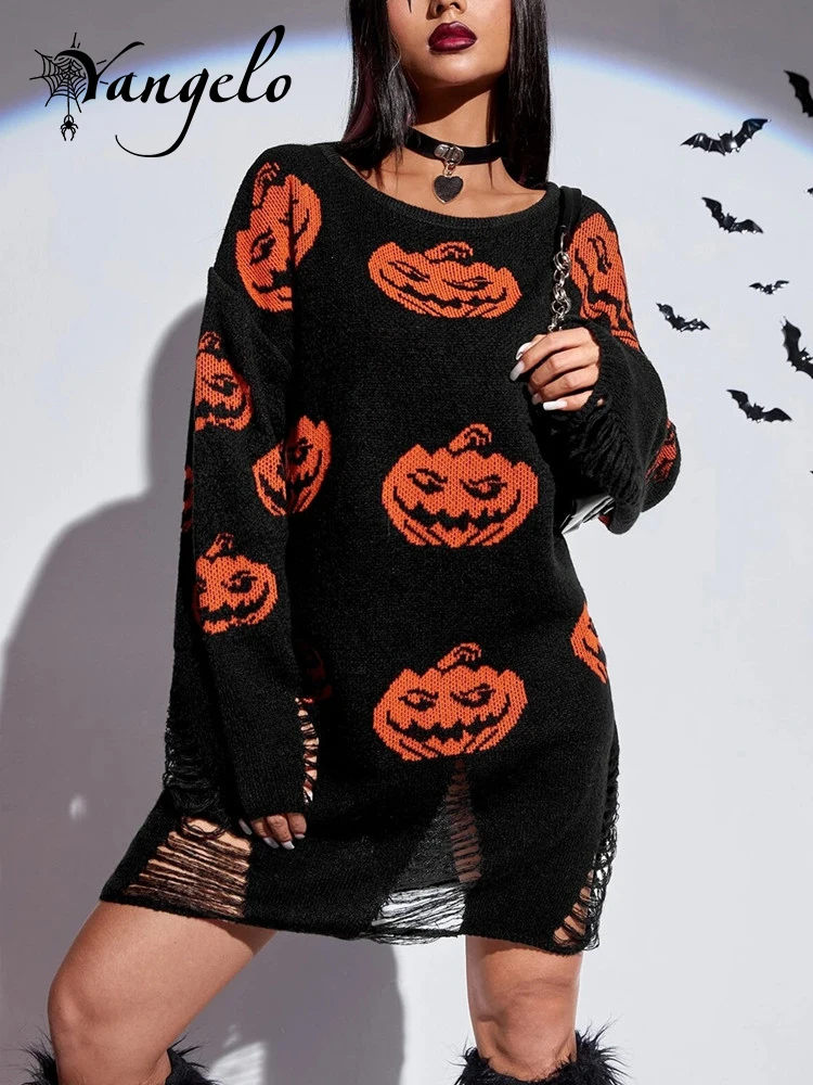 

Женский свитер с вырезами на подоле Yangelo, вязаный свитер в готическом стиле с принтом тыквы, пуловер в стиле панк и ретро, свитер для клуба и гранжа на Хэллоуин