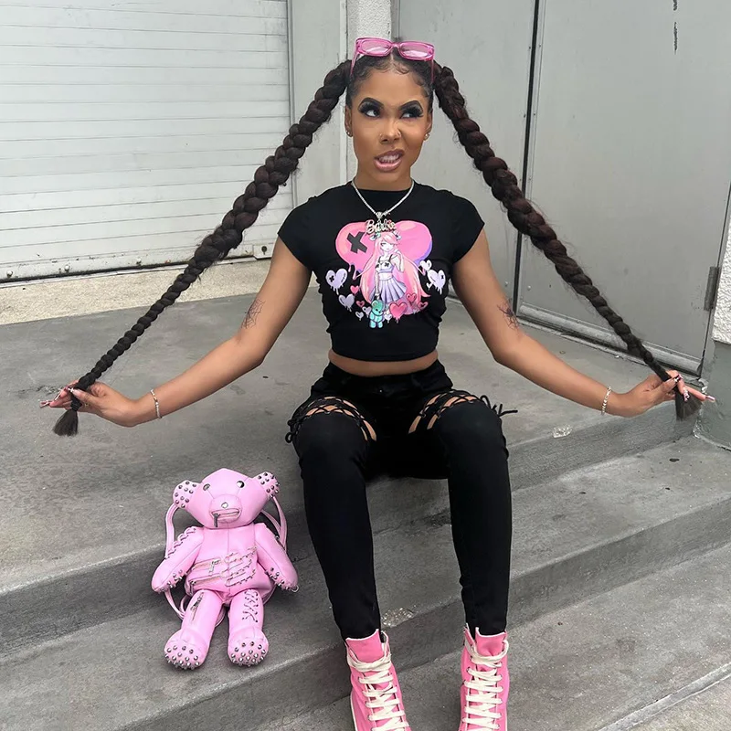 Милая и женская футболка с принтом облегающий кроп-топ аниме Kawaii дешевая оптовая