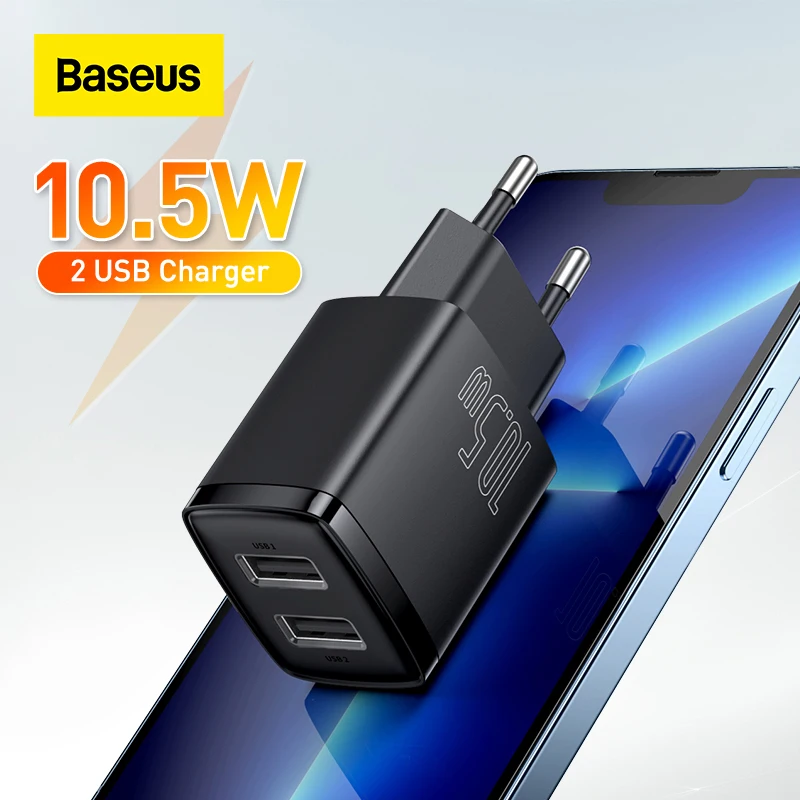 

Baseus 10.5W USB Travel Charger Mini Portable Wall Adapter Charger Dual Port Phone Charging For iPhone Huawei Xiaomi