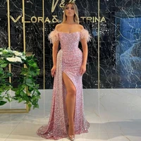 pink elegant exquisite evening dress off the shoulder feather floor length with train high split sequins dubai prom dress