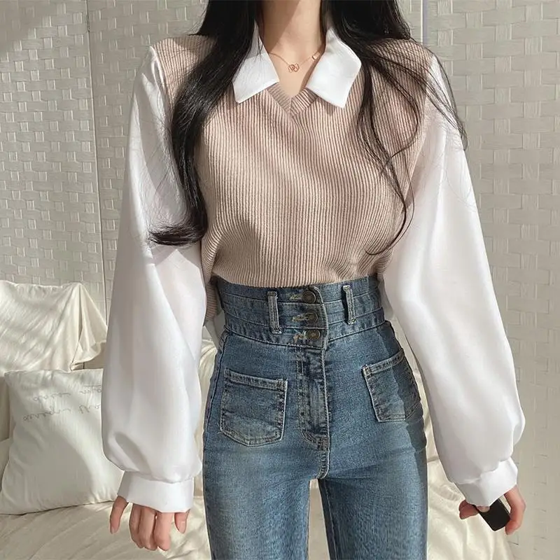 

Gidyq Fashion Patchwork Women T Shirts Casual Elegant Loose Student Long Sleeve Tops Y2K Korean Retro Female All Match Tees