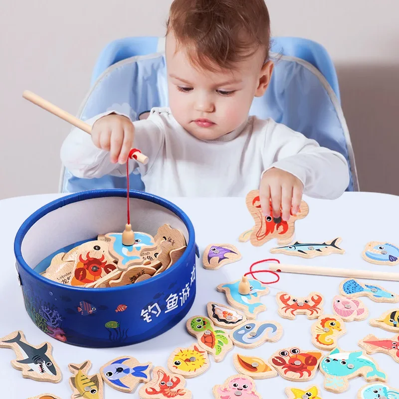

Wooden Bucket Ocean Fishing Toys Children's Early Education Puzzle Cognitive Fun Magnetic Ocean Fish Parent-child Game