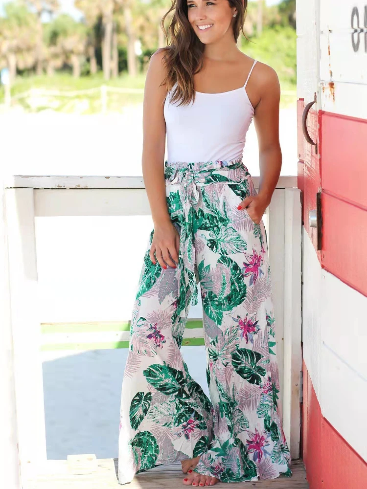 

Брюки женские в национальном стиле, повседневные свободные штаны с принтом, на шнуровке, с карманами, брюки с широкими штанинами, весна-лето