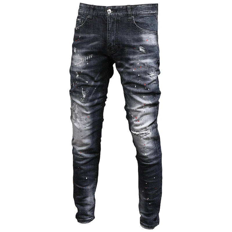Italian Style Vintage Fashion Men Jeans Retro Black Blue Stretch Slim Fit Ripped Jeans Men Painted Designer Brand Pants Hombre