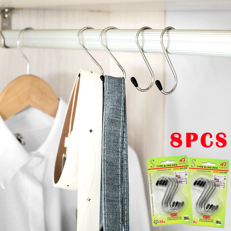 

8pcs Stainless Steel S-Shape Hook Kitchen Bedroom Multi-function Railing S Hanger Hook Clasp Holder Hooks Hanging Storage Tools