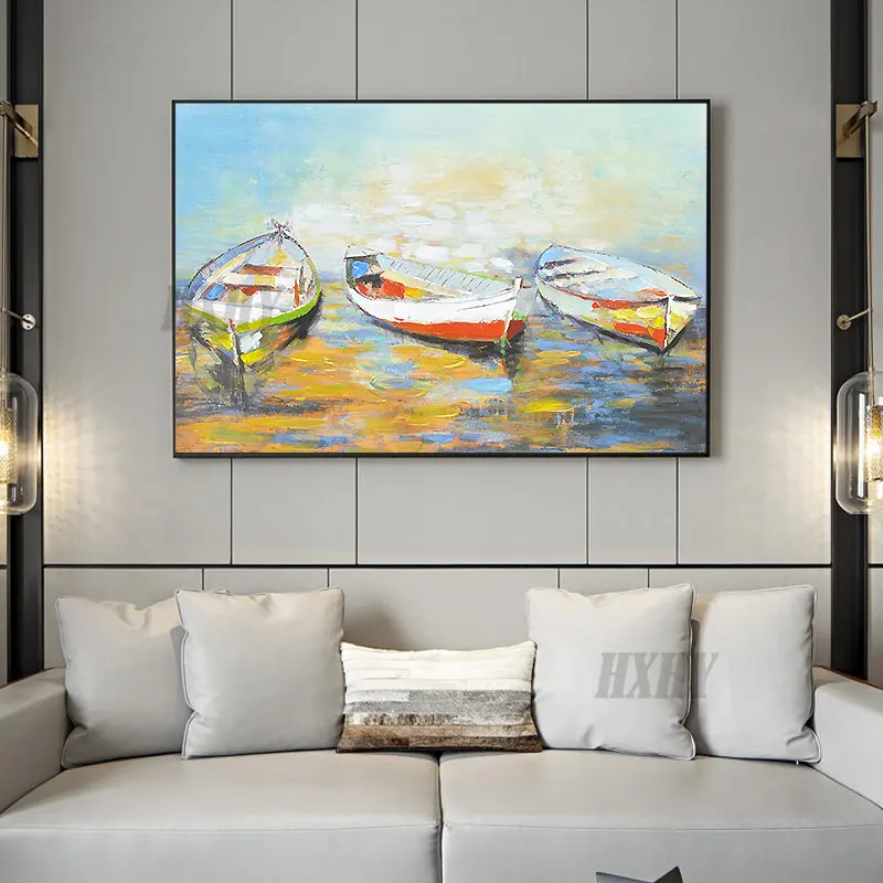 

Картины масляного пейзажа ручной росписи, современный минималистичный фон для гостиной, дивана, ресторана, роспись ручной работы, лодка, оз...