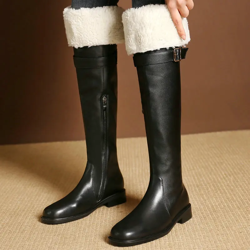 

Genuine Cow Leather Warm Fur Plush Lined Winter Women Over-the-knee Boots Round Toe Low Heels Overknees Thigh Snow Boots Shoes