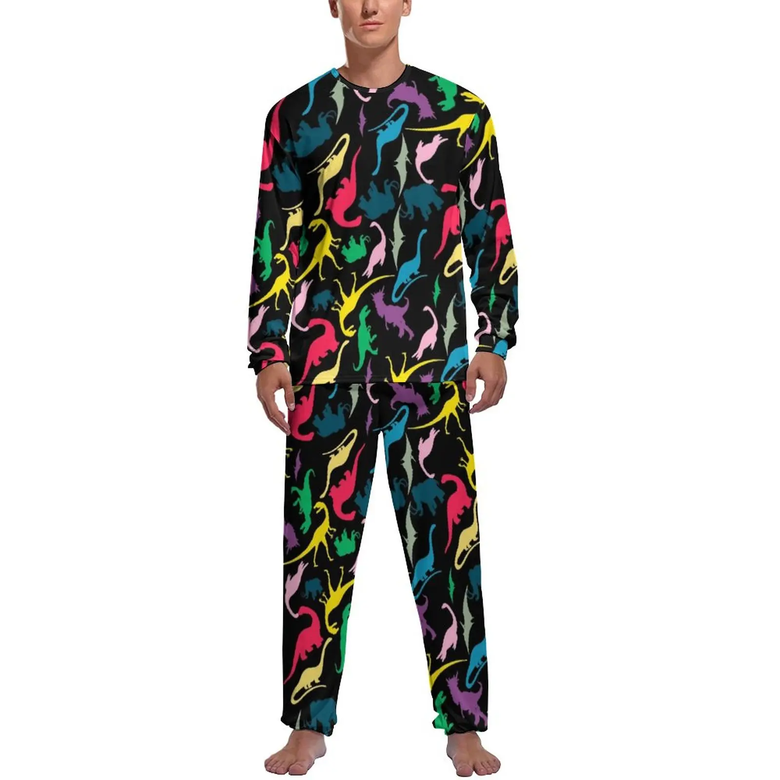 Colorful Dinosaur Pajamas Mens Funny Animal Print Cool Nightwear Autumn Long-Sleeve Two Piece Leisure Pattern Pajama Sets