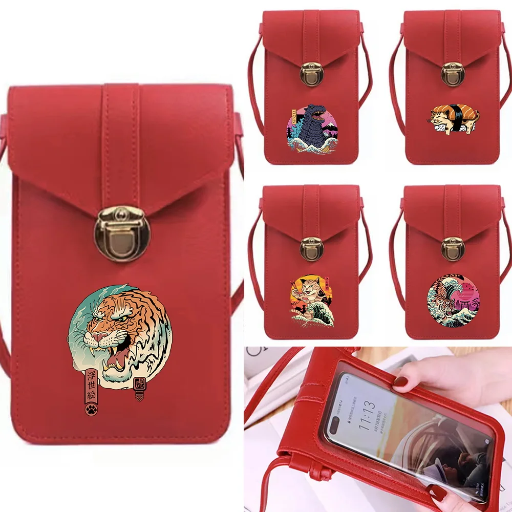 

Pu Leather Wallets Card Pack Touch Screen Mobile Phone Bag Shoulder Crossbody Bags Organizer Japan Cat Print Cell Phone Packet