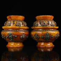 9 tibetan temple collection old beeswax mosaic gem auspicious eight treasures treasure jar relic jar a pair worship town house