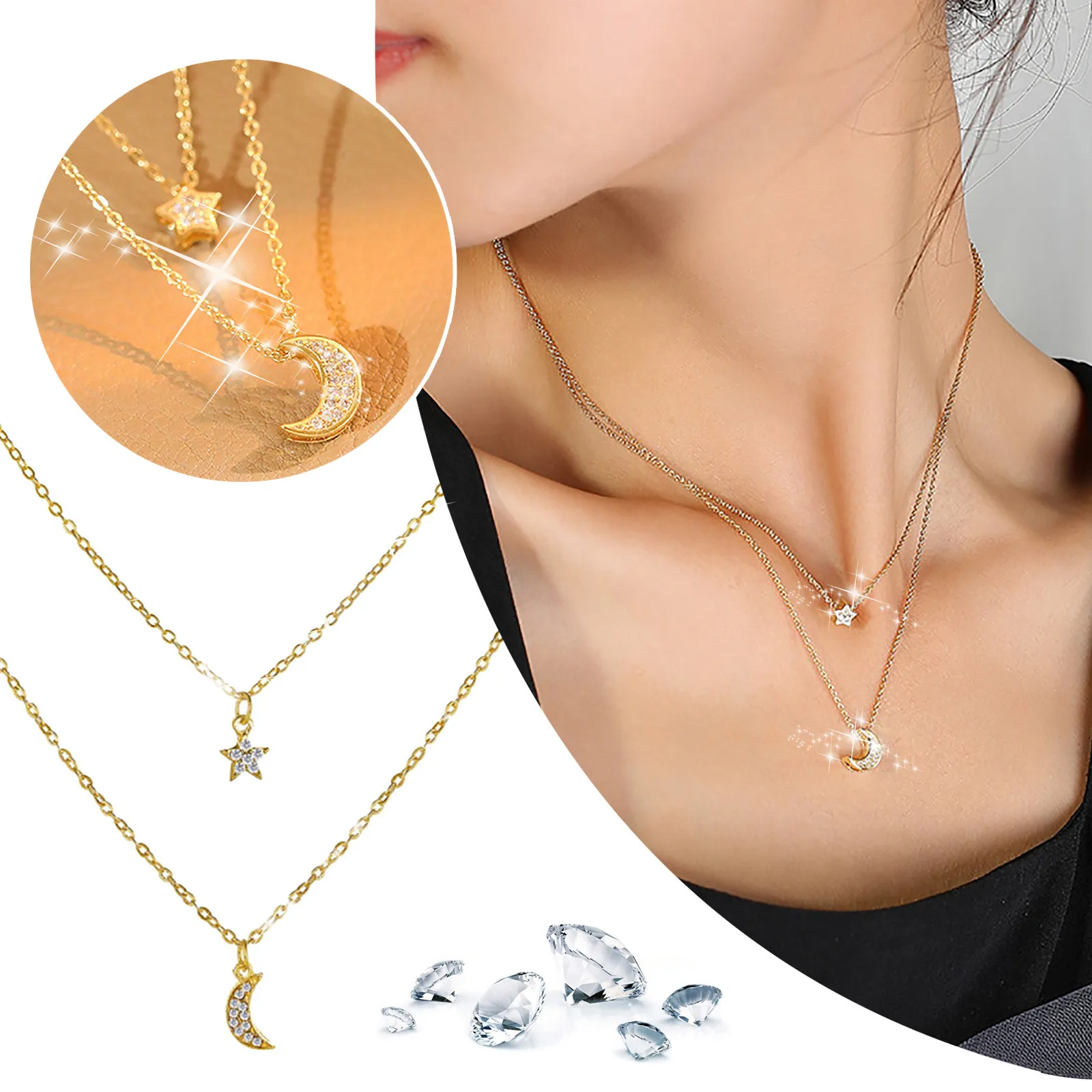 

Double Layered Wearing Star And Moon Necklace Women'S Trend Light Luxury Design Wild Collarbone Gold Chain for Pendant for Women