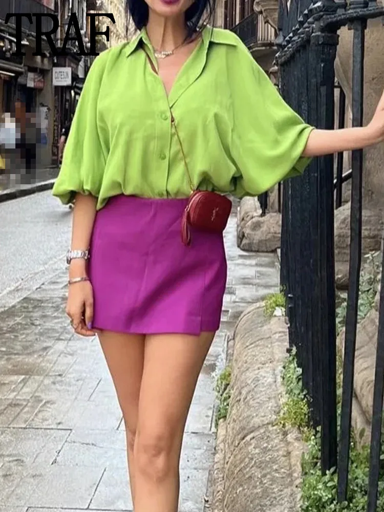 

Зеленая женская рубашка TRAF 2022, блузки с длинным рукавом, Женская Повседневная рубашка на пуговицах, женские летние мешковатые рубашки с вор...