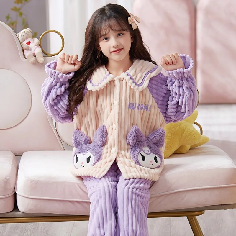 

2023 Children Pajama Sets Kawaii Sanrios Anime My Melody Kuromi Cinnamoroll Kids Winter Sleepwear Korean Girl Flannel Loungewear