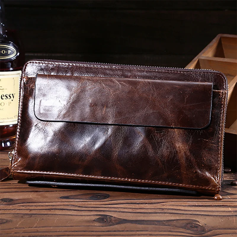 

High Quality Genuine Leather Zipper Clutch Bag Bifold Purse Vintage Money Pocket Card Holder Oil Wax Cowhide Men Long Wallet