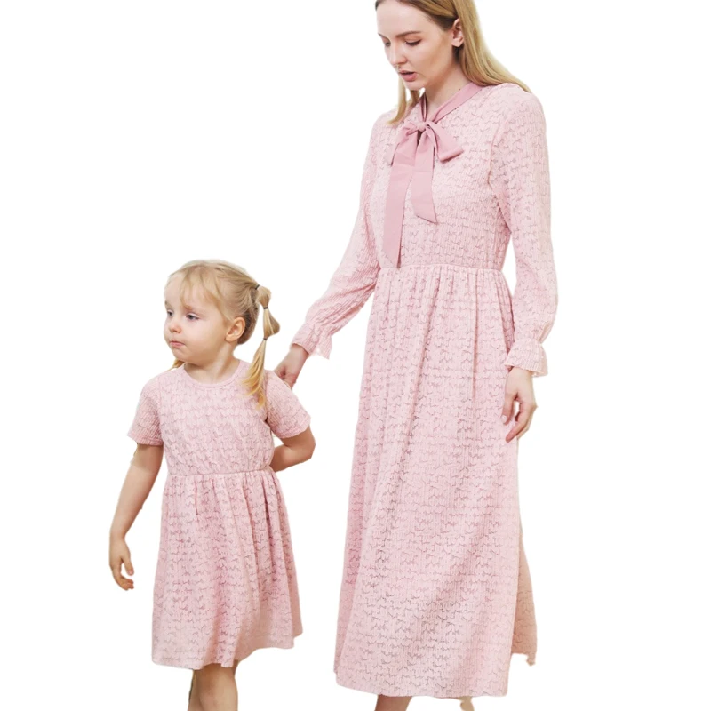 

Spring Mother Daughter Dress Lace Bow Long Sleeve Mommy Matching Dresses Clothes Mom Mum Mama & Baby Women Girls Outfits