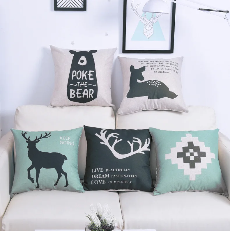 

1PC Nordic Styles Geometric Bear and Deer Home Decor Pillow Linen Cotton Cushion Decorative Throw Pillows Car cushion OU 031