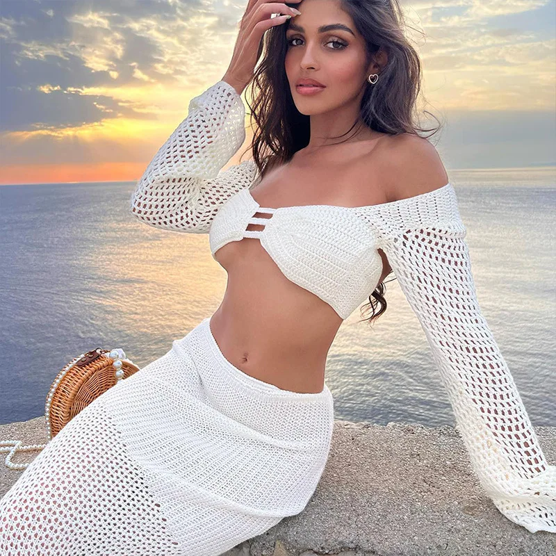 

Женский комплект из топа и юбки, с длинным рукавом и открытой спиной