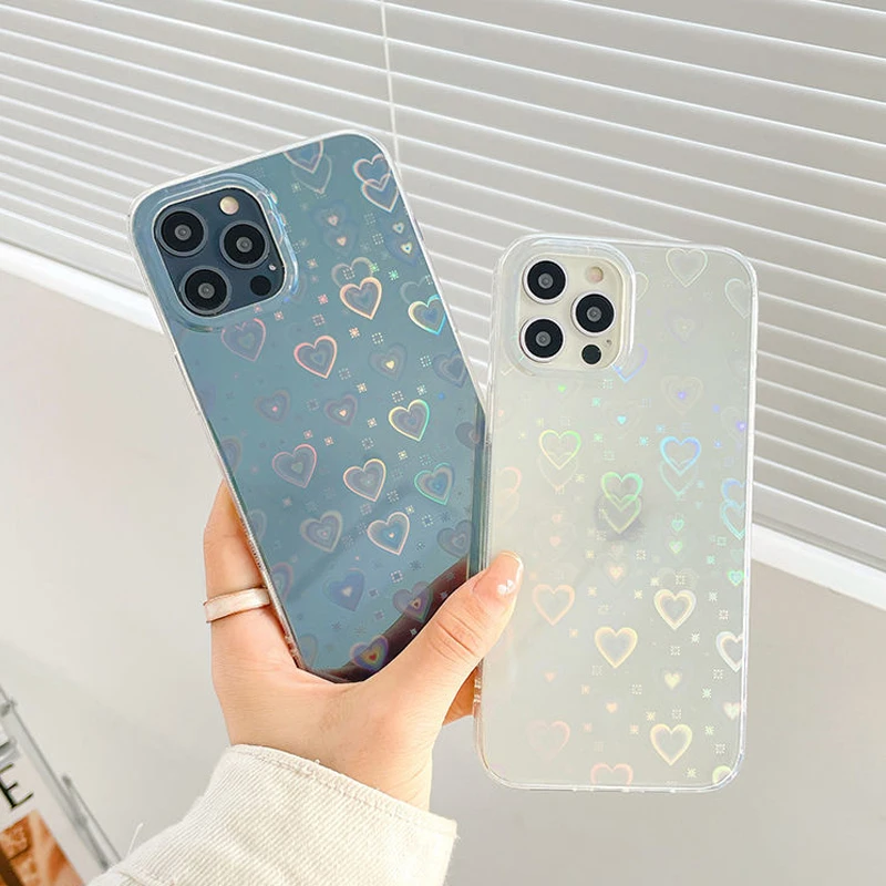 

Lovebay Laser Transparent Love Heart Phone Case For iPhone 12 11 Pro 13 Pro Max X XR XS Max 7 8 Plus SE 2020 Soft TPU Back Cover