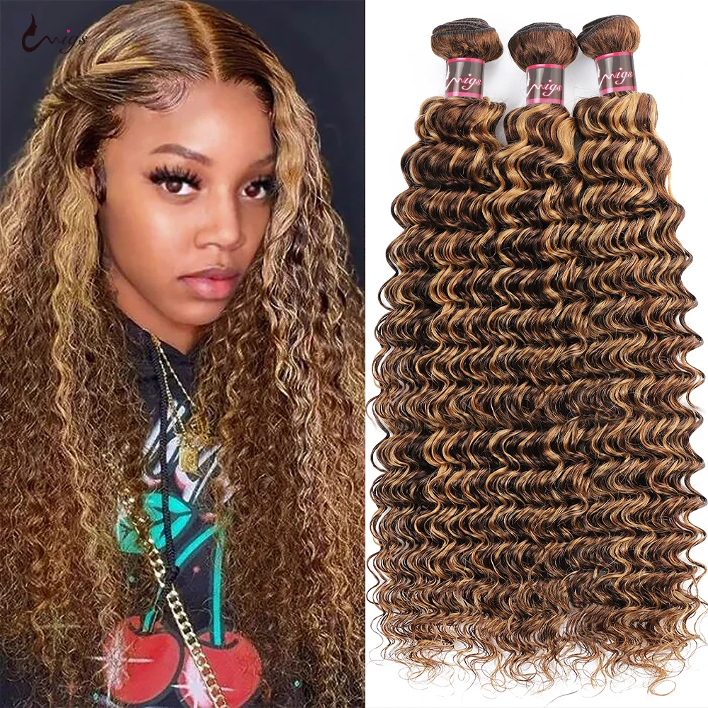 Uwigs P4/27 Deep Wave Bundles Highlight Honey Blonde Human Hair Bundles For Women Brazilian Remy 1/3/4PCS Deep Wave Extensions
