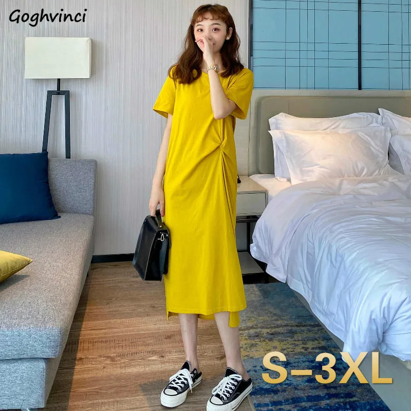 

Платье женское с коротким рукавом, универсальная плиссированная Свободная Повседневная модная прямая однотонная простая Удобная с разрез...