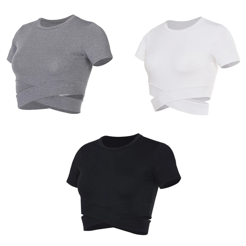 

Crop Tops Women Short Sleeve Running Shirts Sexy Exposed Navel Yoga T-shirts Solid Sport Shirts Quick Dry Gym Sport Wear