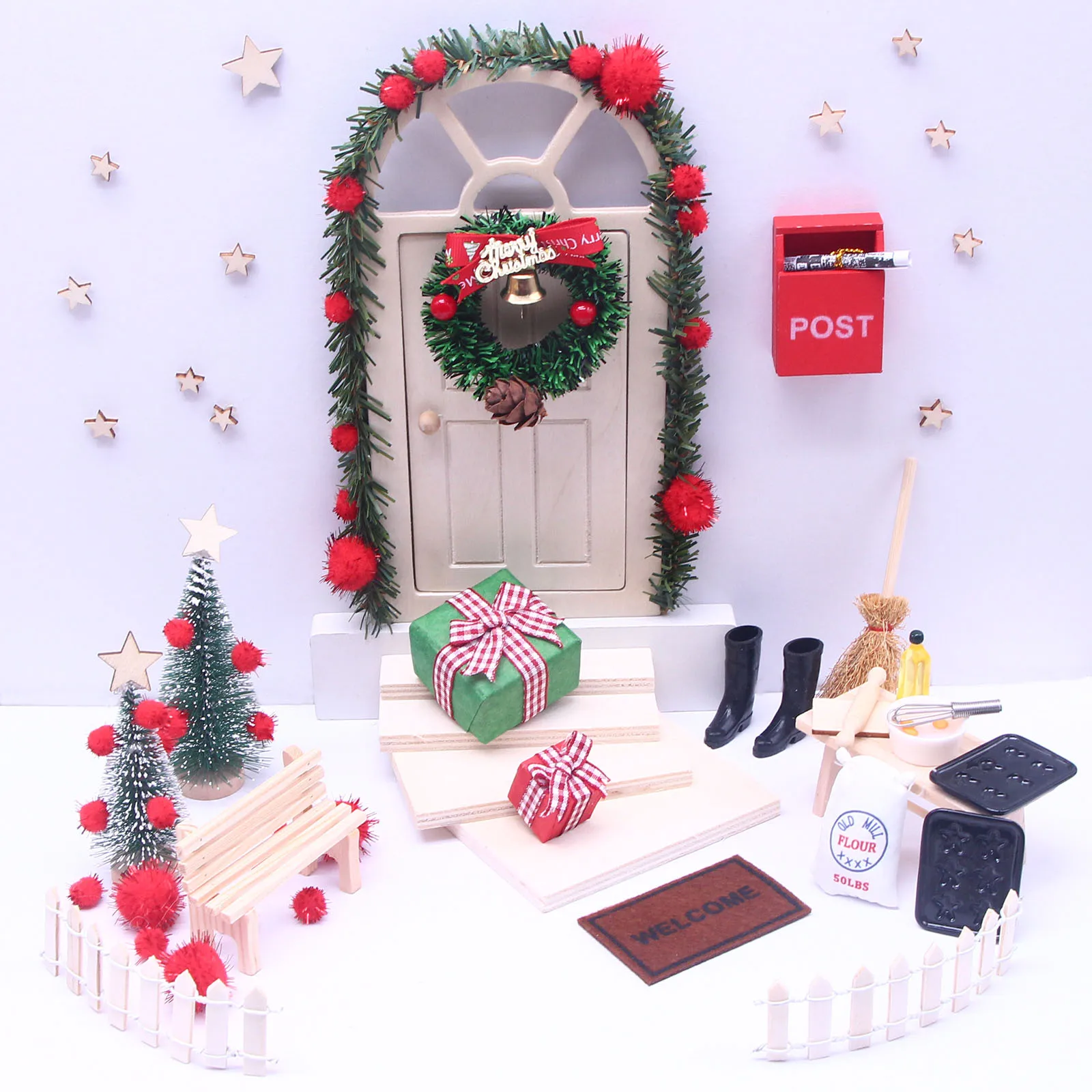 Рождественская елка мини кукольный домик деревянная карликовая дверь