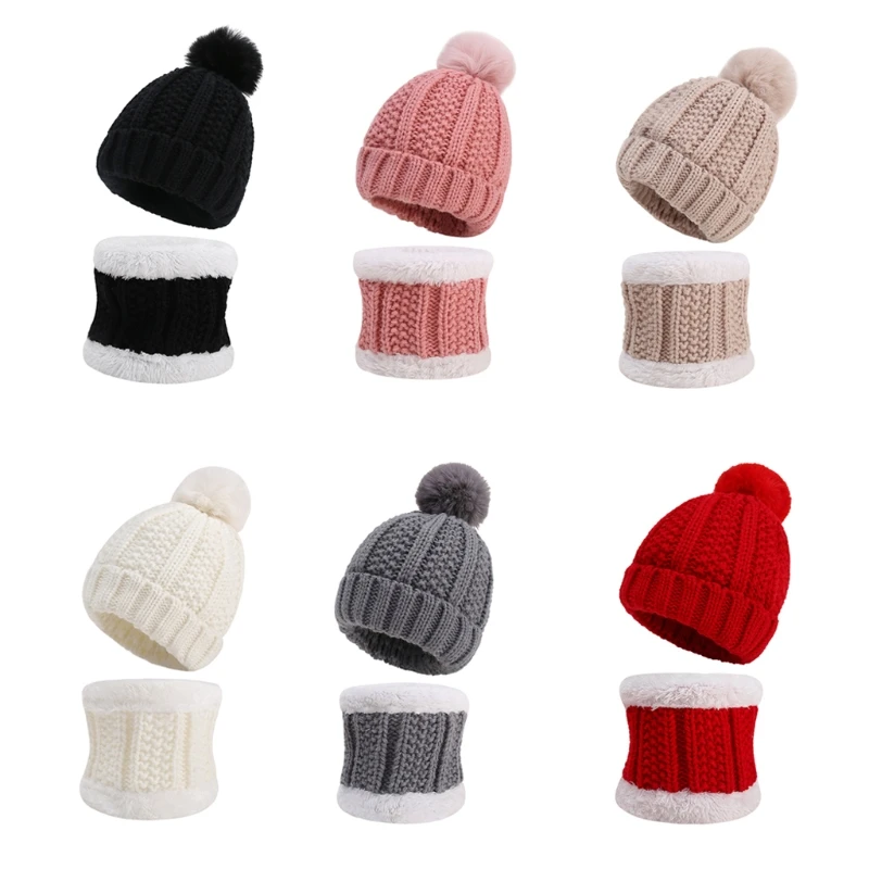 

Children Knit Hat and Scarf Winter Solid Color Warm Fashion Ball Hat Ear Protection Supplies for Outdoor Sports