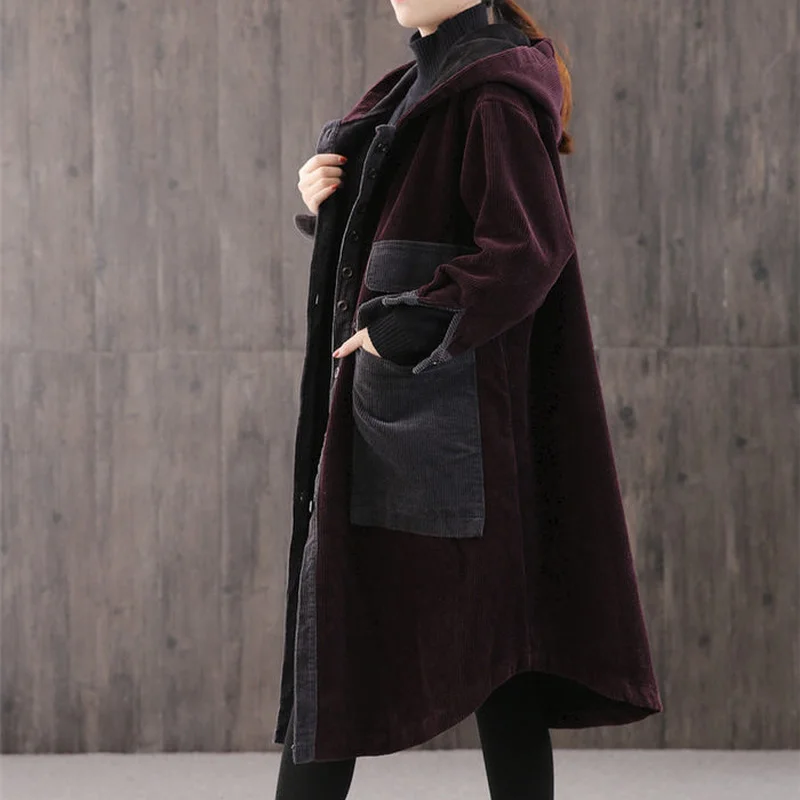 Corduroy Jacket Big Pocket Plus Cotton Thick Hooded Padded Coats Windbreaker Women's Autumn and Winter Loose Long Cloak Parkas