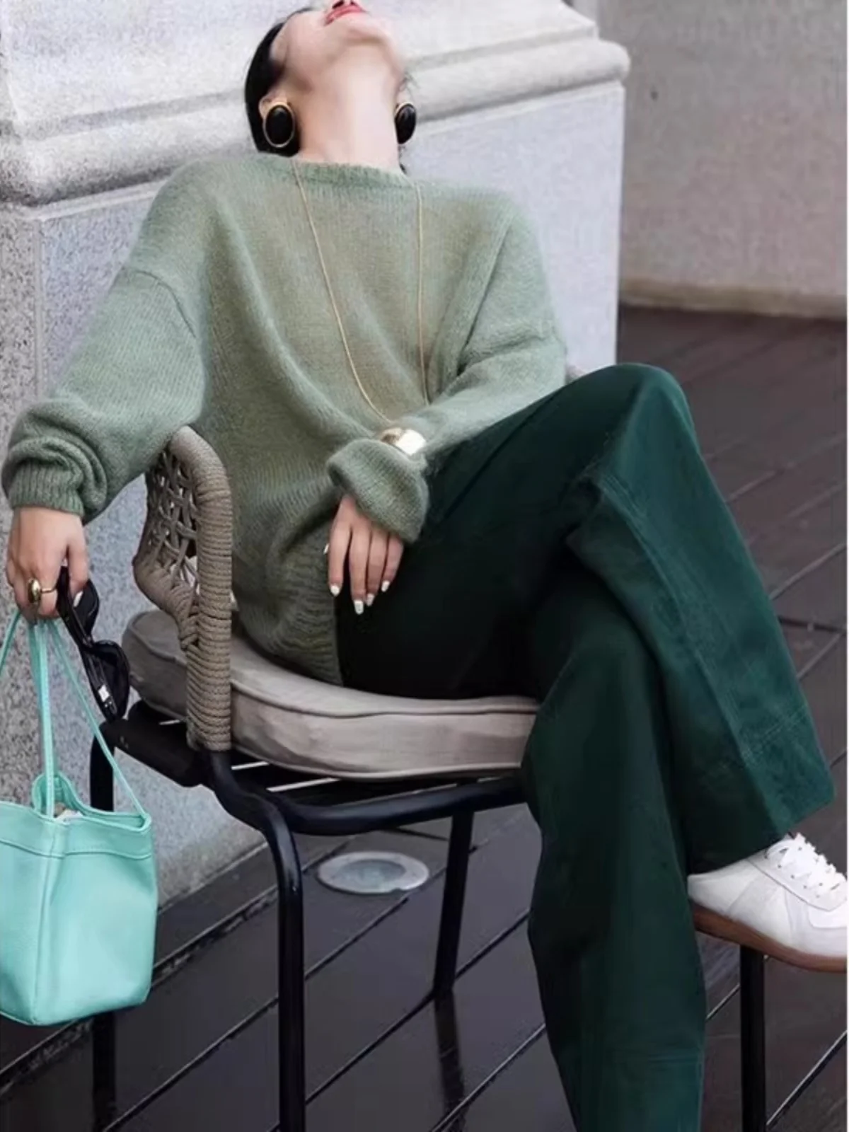 Cameo Green Mohair Long sleeve Knit Women Winter Idle Sle Loose Soft Glutinous Pullover Sweater Atmosphere Top