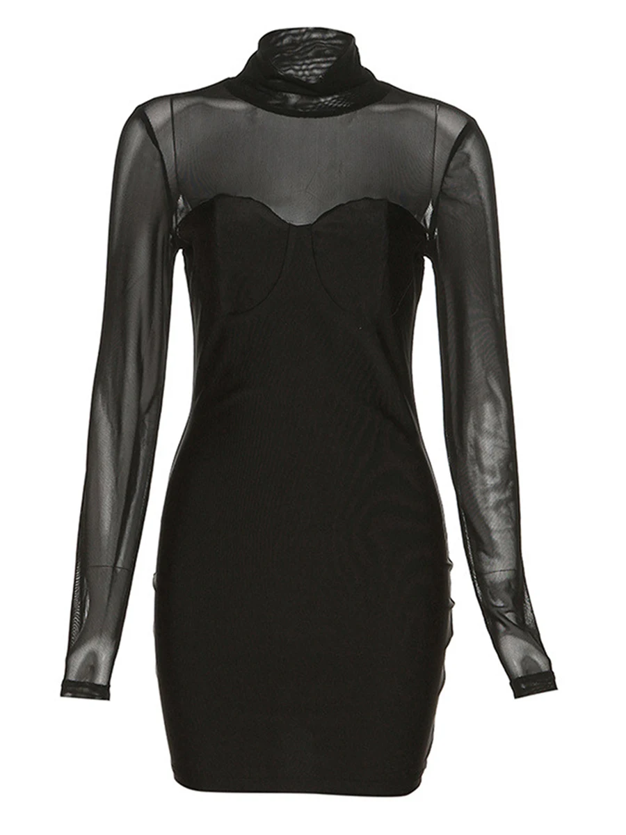 

Women Sexy Mesh Dress Long Sleeve Bodycon See Through Mini Dress Turtleneck Sheer Club Party Dress
