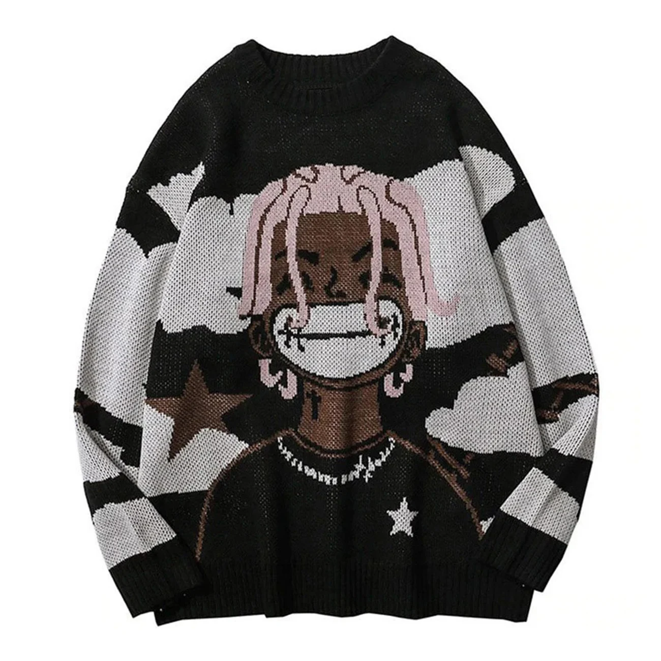 

LACIBLE Harajuku Vintage Cartoon Anime Knitted Sweater 2023 Winter Oversize Men's Rock Rap Pullover Women Jumper Ugly Sweater